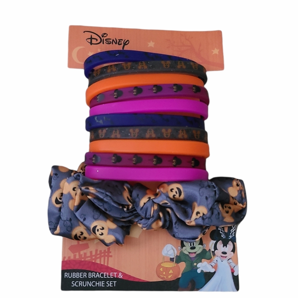 🐭 NEW Disney Halloween Mickey & Minnie Rubber Bracelet & Scrunchie Set NIP
